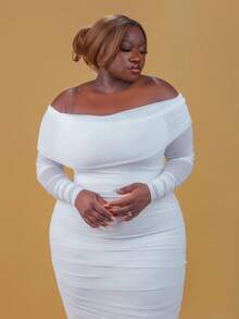 CurvyTilda Plus Size Women's Solid Color Off-Shoulder Long Sleeve Pleated Fitted Elegant Dress, Spring-Summer Homecoming Dress, For Hourglass Body Shape - White - View 5
