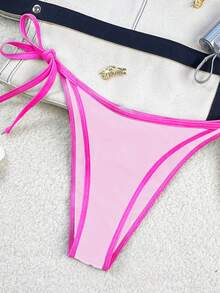 Bonvoyette Trang phục đi biển mùa hè cho nữ, Bộ bikini cổ yếm màu tương phản kèm quần bơi buộc dây bên hông, dáng ôm vừa vặn - Hồng - Xem 4