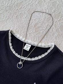 少女春夏新款流行骑马图案撞色刺绣侧边褶皱设计短袖藏蓝色T恤，夏季穿搭，基础款，休闲风 - 寶藍色 - 查看 3