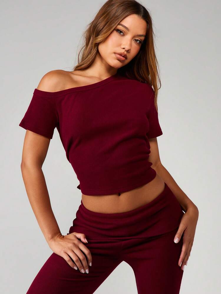MISSGUIDED Burgundy Off Shoulder Short Sleeve Crop Top With Wide Leg Flare Pants Ribbed Knit Pajama Lounge Set