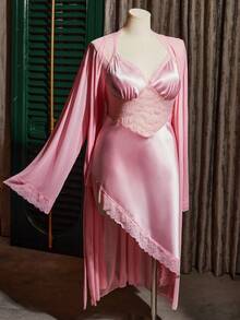 SilkySpell 性感睡袍网纱睡衣套装，蕾丝拼接高开衩性感成熟魅力优雅法式情人节浅粉色睡衣套装，性感开衩睡袍加大码 - 粉色 - 查看 7