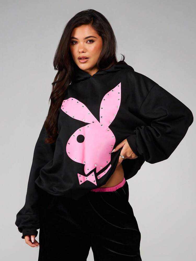 Missguided x Playboy Oversized Washed Hoodie With Large Pink Bunny Logo Print And Rhinestone Studded Details For Casual Winter Streetwear