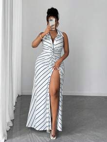 大码女式休闲条纹针织扭结设计连衣裙 - 彩色 - 查看 3