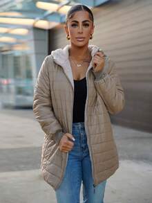 SAYEHFBABY Casual Versatile Solid Color Fleece Hooded Padded Padded Coat, Winter Clothes  Fall Cloth For Women - Khaki - View 4