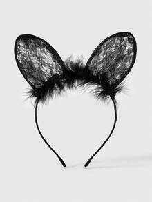 ROMWE Kawaii 1 件女士性感蕾丝和毛绒兔耳朵头带，适合节日、派对、角色扮演、日常角色扮演和其他场合，情人节情人节，发带，发箍头带，黑色 - 黑色 - 查看 9