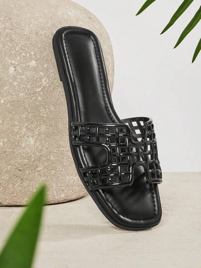 SHUZIA #UrbanLuxe Women's Square Toe Black Pvc Jelly Slide Sandals – Designer-Inspired, Minimalist & Effortlessly Chic.