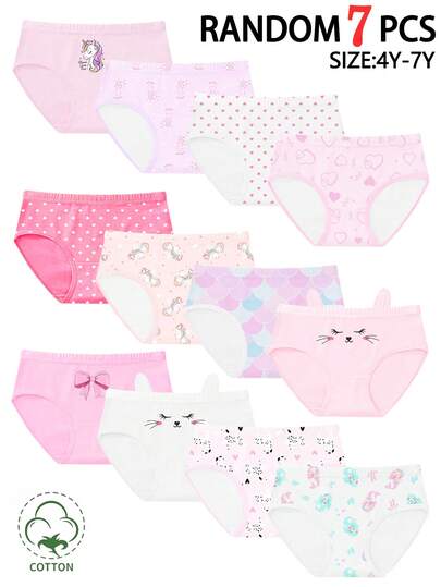 女童内裤 7 条装随机混搭可爱卡通印花，弹性腰带，全包臀，四季皆宜，2026 新年必备，百搭舒适，保暖又可爱