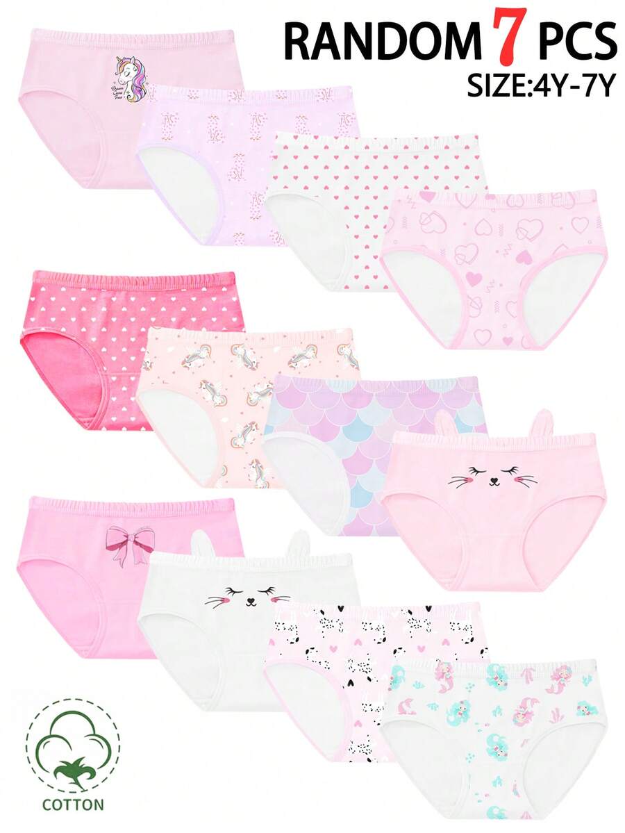 Young Girls Panties-Underwear 7 Pack Random Mix Cute Cartoon Prints Elastic Waist Full Coverage All Season 2026 New Year Essential Versatile And Comfortable Warm And Cute Style