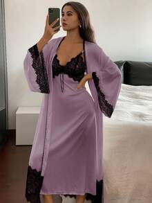 DAZY 2 Stücke Damen Nachtwäsche Set: Kontrast-Farbige Spitze Robe & Unterkleid - Mauve - Übersicht 4