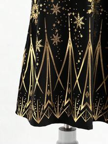 SHEIN 少女黑色长袍，传统款式，饰以精致花卉印花，垂坠式滚边，条纹设计，并带有口袋，舒适百搭，适合户外穿着。 - 黑色 - 查看 7