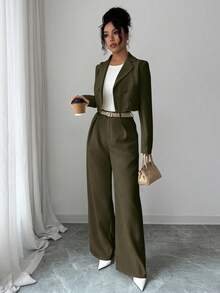 Elenzga Bộ 2 món áo khoác ngắn cổ vuông và quần ống đứng dáng rộng, vải dệt trơn màu, thời trang công sở giản dị, thanh lịch, mùa thu/đông - màu xanh lá - Xem 7