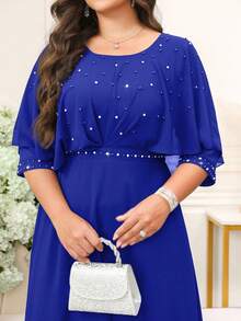 SHEIN Clasi Plus Size Women Solid Color Faux Pearl Decor Round Neck Short Sleeve Elegant Dress Fall - Royal Blue - View 10