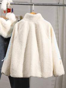 SHEIN 女童休闲米色蓬松外套，饰有蝴蝶结，通勤百搭 - 杏色 - 查看 2