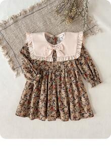 Baby Girls Elegant Floral Print Color Block Bowknot Dress - Multicolor - View 4