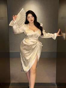 Flirla 复古蓝白提花方领不对称褶皱收腰时尚连衣裙，女士款 - 白色 - 查看 4