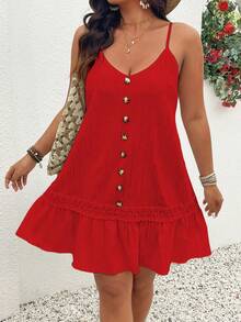 SHEIN Clasi Plus Size V-Neck Sleeveless Front Button Ruffle Hem Textured Slip Dress, Casual Vacation Beachwear - Red - View 5