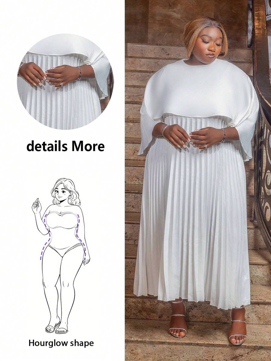 CurvyTilda Váy xếp ly màu trơn cỡ lớn, thời trang cho mùa hè, váy đi nhà thờ cho phụ nữ, lễ hội - trắng - Xem 1