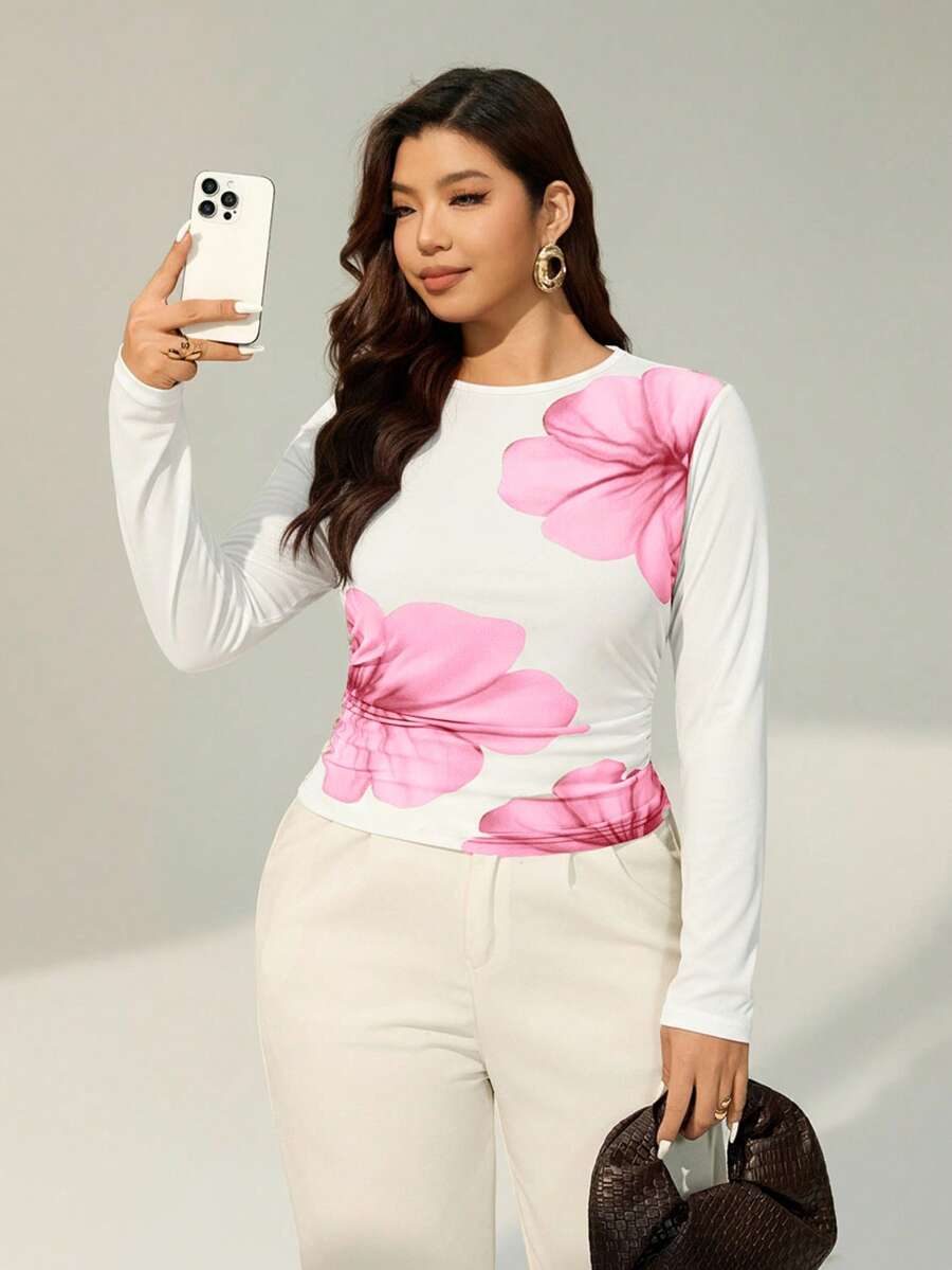 SHEIN Essnce Plus Size Contrast Color Floral Print Round Neck Long Sleeve T-Shirt - Pink - View 1
