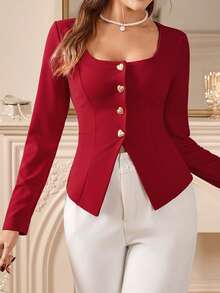 Amorya 黑色针织方领长袖玫瑰金纽扣装饰修身女式衬衫，时尚百搭，适合春夏通勤、情人节派对等场合，红色夏季上衣，社交场合红色上衣，春夏 - 紅色 - 查看 6