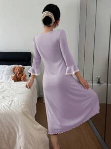 SHEIN 撞色蕾丝边拼接针织休闲方领修身七分袖女士睡裙 - 紫色 - 查看 2