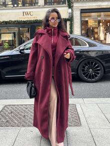 NegzBox Women Burgundy Color Long Sleeve Simple Front Button Longline Jacket, Casual Everyday Wear Vintage Burgundy Long Woolen Coat, Warm And Thickened In Winter Hollowed Costumes Thanksgiving Women Outfit Halloween Women Costumes Winter Long Women Coats Christmas Women Clothes Trench Women Coat Fall Women Outfits  In Fall/Winter - Burgundy - View 1