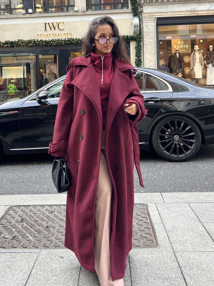 NegzBox Women Burgundy Color Long Sleeve Simple Front Button Longline Jacket, Casual Everyday Wear Vintage Burgundy Long Woolen Coat, Warm And Thickened In Winter Hollowed Costumes Thanksgiving Women Outfit Halloween Women Costumes Winter Long Women Coats Christmas Women Clothes Trench Women Coat Fall Women Outfits  In Fall/Winter - Burgundy - View 1