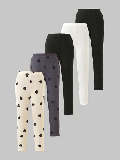 Little Girls Sweet Heart Leggings Set - Multi-Color Sweet Heart Leggings 5-Piece Combo Sweet Heart Design Multi-Color Elegant Color Elastic Sweet Heart Leggings Set 5-Piece Combo Social Media Style Sweet Heart 2026 New Year Holiday Essential Four Seasons Little Girls Sweet Heart Leggings Set