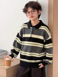 DAZY 青少年男童条纹图案纽扣休闲百搭长袖套头毛衣