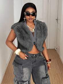 Maweii Plus Size Women Faux Fur Short Vest Jacket, Autumn/Winter - Grey - View 3