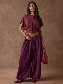 SHEIN BAE Women's Spring/Summer Plain Purple Elastic Waist Loose Casual Pants / Balloon Pants / Loose Jogger Pants / Curved Knife Pants / Extra Wide Leg Pants / Summer Long Pants / Casual Long Pants/Holiday Outfits For Women/Going Out/Harem Pants/Bloomers  Pants Dark Purple Pants Loose Pants Baggy Pants - Maroon - View 3
