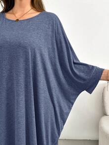SHEIN Essnce Plus Size Women Spring And Summer Fashion Casual Loose Comfortable Daily Basic Slim Gray Three-Quarter Sleeve Long Dress,Simple Style ,Plus Size Dress,Church Dress Women,Going Out Outfits Batwing Sleeve Dress Lounge Dress - Dusty Blue - View 6