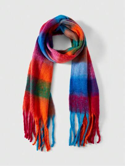 ROMWE 街头1pc女士圣诞彩虹格子围巾秋冬学院风保暖围巾适合情人节日常生活上班逛街防寒保暖