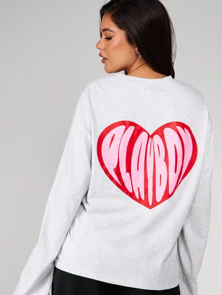 Missguided x Playboy Oversized Heart Print Long Sleeve Sweatshirt With Back Graphic Detail For Fall Winter Casual Wear