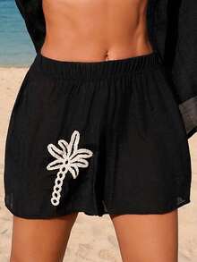 Swim Vcay 春夏新款优雅秋季单件编织纯色椰树图案装饰短裤，度假风女士泳装下装