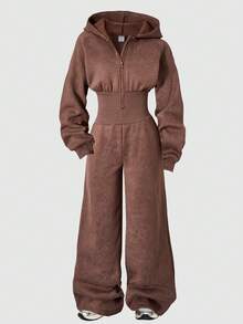 SHEIN ChillGRL 女童白色和灰色连帽拉链休闲运动卫衣和高腰抓绒裤套装 - 棕色 - 查看 9