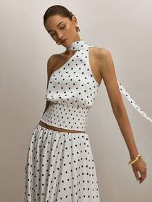 ATUI Studio Blusa elegante de un solo hombro con estampado de lunares para mujer - Blanco - Ver 3