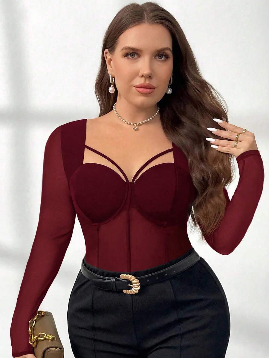 Firerie Blusa elegante de talla grande con diseño de malla y cordones calados, adecuada para el trabajo, citas, fiestas y eventos elegantes. Color negro sólido, estilo sofisticado y ligeramente sexy, ideal para vacaciones, Año Nuevo, fiestas y oficina elegante. - Burdeos - Ver 1