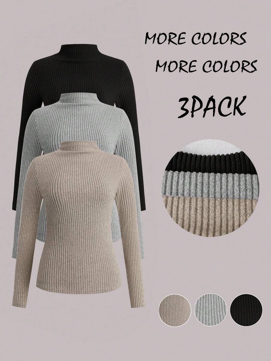 SHEIN LUNE Bộ 3 áo thun trơn màu, dáng ôm vừa vặn, mềm mại, thoải mái, thích hợp mặc nhiều lớp vào mùa thu/đông. - Xám - Xem 1
