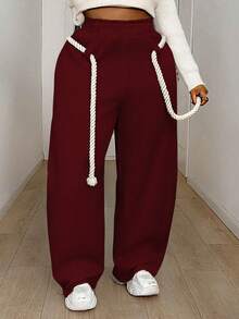 Maweii Quần nỉ cạp rút màu trơn cỡ lớn thường ngày - Đỏ - Xem 3