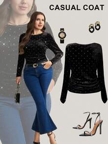 SHEIN LUNE 大码女式感恩节休闲圆领长袖T恤，圣诞节复古新年条纹T恤，秋季旅行黑色圆领亮面长袖束腰T恤，节日派对T恤，水钻上衣，铆钉上衣，哥特风上衣，牛仔上衣，宗教主题女式衬衫 - 黑色 - 查看 6