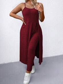 Elenzga 2pcs Plus Size Women Solid Color Casual Ribbed Knit Camisole & Pants Set - Burgundy - View 6