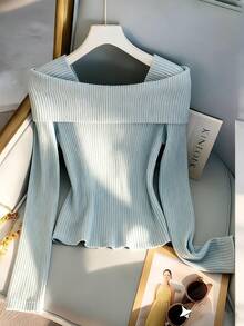 Franclia 时尚新款可爱露肩蓝色针织长袖上衣，柔软宽松，饰有装饰纽扣，适合春秋季穿着。 - 藍色 - 查看 2