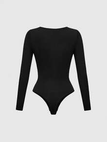 SHAPORA Seamless V-Neck Long Sleeve Slim Fit Shapewear Thong Bodysuit Body Shaper Butt Lifter-Tummy Waist Thigh Control  Cozy And Elegant Details - Black - View 3