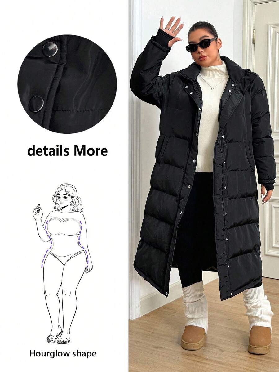 Hourglow معطف أنيق بلون أحادي مع كابوشون مقاس كبير من Dollyholly86، متعدد الاستخدامات للشتاء، مناسب لشكل الجسم على شكل الساعة الرملية - الأسود - مشاهدة 1