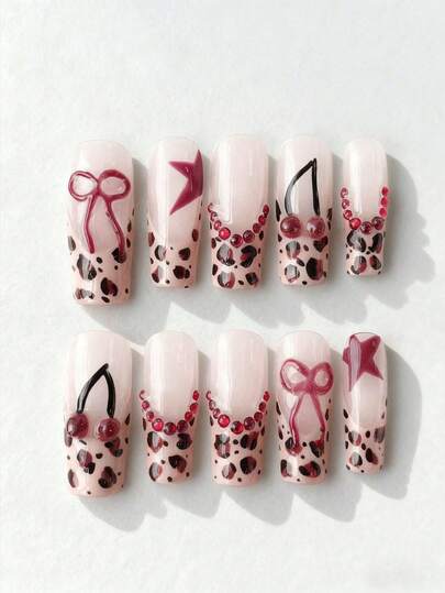 ROMWE Kawaii 10片甜美酷炫的豹纹手工高品质假指甲片 + 3片双面胶，Y 2 K 可移除长棺材形手绘穿戴式美甲，时尚水果樱桃配色美甲，适合派对、舞会和日常佩戴