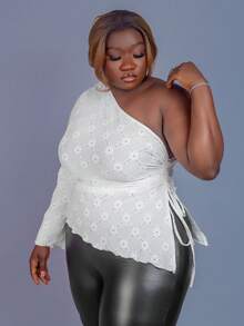 CurvyTilda Plus Size Women Embroidered Ruched Asymmetric Hem Casual Top/Autumn /Winter - Apricot - View 4