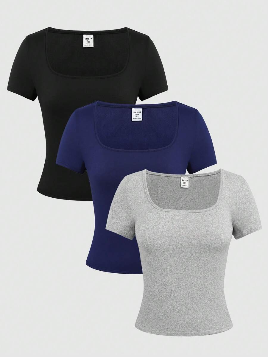 Girlism 3pcs Teen Girls' Casual Solid Color All-Match Crew Neck Short Sleeve Fitted Outdoor T-Shirts, Versatile For Daily Wear