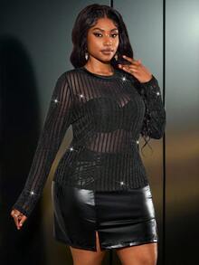 Truni Plus Size Women's Black Striped Sheer Long Sleeve Mesh Top,Classy Formal Evening Night Out Club Autumn T-Shirt For Pear Triangle - Black - View 4