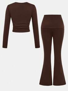 SHEIN Tween Girl Casual Brown Round Neck Letter Print Ruched Long Sleeve Fitted Knit Top And Flare Pants Set, Suitable For Home And Outings, Flare Pants Set, Mommy And Me Matching Outfits, Casual Two Piece Set, 2 Piece Pants Set - Brown - View 7