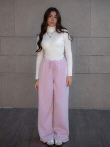 Hitanina Low Rise Drawstring Waist Wide Leg Joggers Spring Cute Vacation For Spring Sunday Best Airport Christmas - Pink - View 4